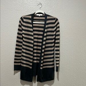Ann Taylor LOFT Gray Tan Striped Cardigan Sweater Womens Long Sleeve Size Medium